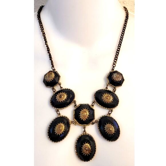 Art Nouveau Inspired Necklace Black Goldtone Statement Bib Rhinestone Cabochon - Picture 1 of 6